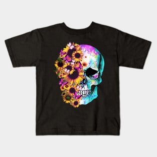 tatoo skull flowers sunflowers design art illustration Kids T-Shirt